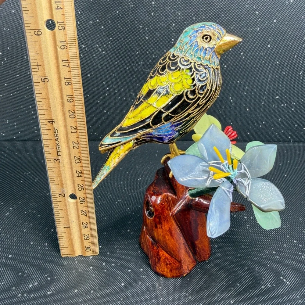 Cloisonne Enamel Bird Figurine Carved Wood Base Quartz Jade Stone Flowers 6in